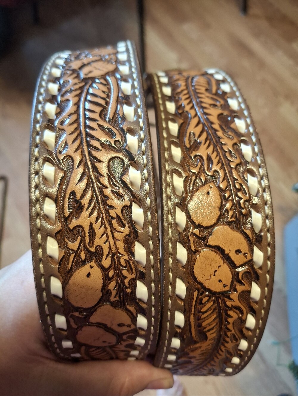 Tooled Leather Belt With White Inlay